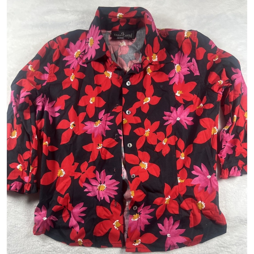 Carole Little Sports Petite Blouse 6 Floral Wrinkle Resistant Button Down Frill